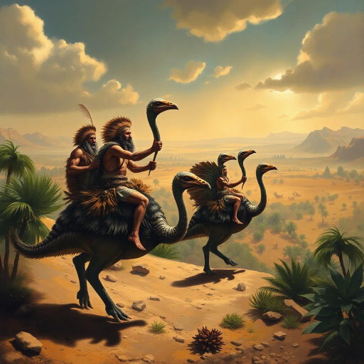 prehistoric warriors, clad in animal skins, riding dinosaur-like cassowaries, oasis landscape, distant desert view, dramatic lighting, surreal composition, rich textures, earthy color palette, dynamic movement, Henri Rousseau influence, ancient time period, imaginative scene, grand scale, atmospheric perspective, tribal culture, detailed brushwork, adventure narrative, mystical symbolism, painterly technique, vibrant flora
