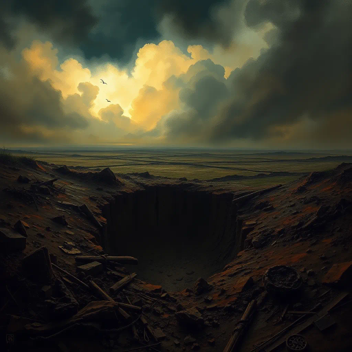World War I, battlefield, shell hole, destruction, historical conflict, realism, Henri Rousseau, chiaroscuro lighting, somber mood, earth tones, dramatic perspective, craters, landscape, war-torn terrain, textured soil, immersive depth, metaphoric emptiness, poignant silence, layered composition, impressionist influences, reflective atmosphere, muted colors, raw textures, turbulent history, emotive impact, tension, ruins, nature reclaiming, symbolic void, desaturated hues, visual storytelling