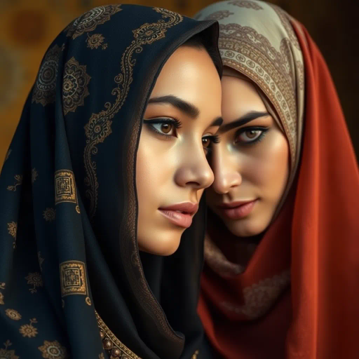 captivating Muslim women, vibrant textile patterns, intricate henna designs, cultural richness, modern elegance, dynamic movement, chiaroscuro lighting, warm and cool tones, diverse beauty, empowering expressions, fluid garment flow, detailed ornamentation, visual storytelling, vibrant urban setting, interplay of shadows, serene confidence, rich textures, contemporary portraiture, harmonious balance, Alphonse Mucha inspiration, Middle Eastern influences, juxtaposition of tradition and modernity, symbolic elements, intricate accessories, feminine strength, immersive ambiance
