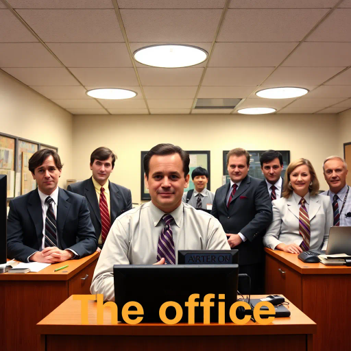 The Office, TV show, satirical humor, vibrant, Steve Carell, ensemble cast, mockumentary style, quirky, everyday life, work environment, subtle irony, character dynamics, Michael Scott, Dunder Mifflin, Scranton, Pennsylvania, documentary filming, 2000s television, comedic timing, deadpan expression, cultural phenomenon, paper company, witty banter, office antics, relatable humor, office supplies, Jim Halpert, Pam Beesly, Dwight Schrute, team dynamics, overhead fluorescent lighting, mundane yet charming, round camera angles, workplace relationships