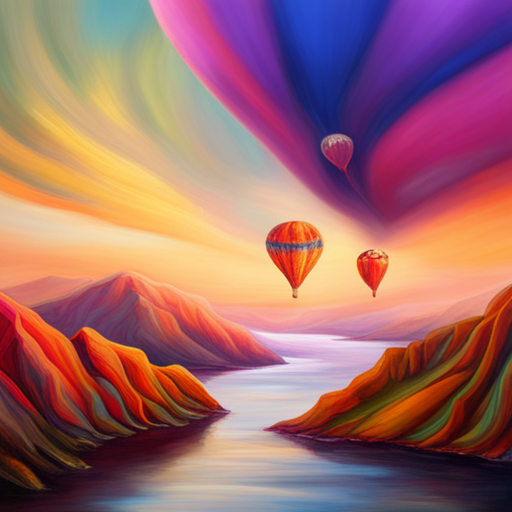 vibrant colors, large scale, dreamlike landscape, whimsical hot air balloon, surreal atmosphere, fantasy elements, imaginative composition, ethereal lighting, fantastical perspective, magical realism, floating sensation, colorful palette, otherworldly adventure