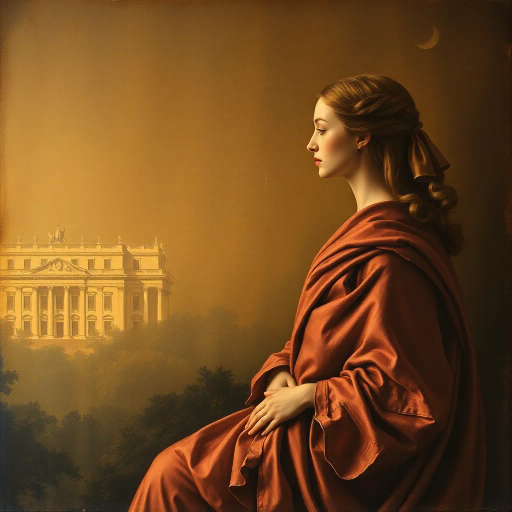 Renaissance, chiaroscuro, warm tones, oil painting texture, middle age, wisdom, contemplative atmosphere, Rembrandt influence, baroque, detailed features, soft brushstrokes, introspective mood, cultural depth, classical beauty, serene expression, timeless gaze, rich patina, flowing drapery, realistic depiction, layered composition, age-old elegance