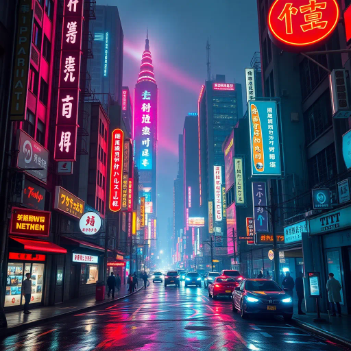 futuristic metropolis, neon lights, electric hues, Blade Runner aesthetic, cybernetic organisms, high-tech dystopia, glowing circuitry, sci-fi architecture, neon signs, digital rain, technological utopia, vibrant urban landscape, cyberpunk culture, immersive virtual realities, intricate details, dynamic composition, kinetic energy, holographic displays, dystopian society, neon glow, atmospheric ambiance, bustling streets, dark neon, avant-garde fashion, cyberspace elements