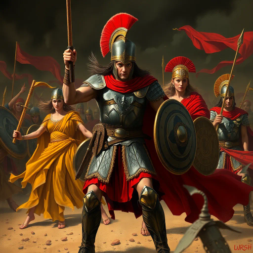 visigothic warrior, armored, historical battle, chaos, ancient Rome, classical elegance, Roman girls, vibrant drapery, heroic stance, dynamic composition, chiaroscuro lighting, dramatic scene, emotional contrast, Alaric influence, epic narrative, tactile textures, intricate details, cultural clash, movement, dramatic expressions, bold colors, illustrative storytelling, grand scale, medieval art echoes