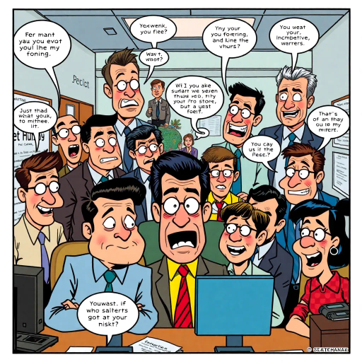 satirical workplace comedy, surreal humor, ensemble cast, bureaucratic chaos, 21st century pop culture, vibrant color palette, exaggerated expressions, dynamic panels, Roy Lichtenstein influences, witty dialogue, mundane office setting, everyday absurdities, overlapping story arcs, exaggerated caricatures, visual puns, contemporary Americana, awkward social interactions, humorous banter, slapstick elements, narrative vignettes, satirical undertones