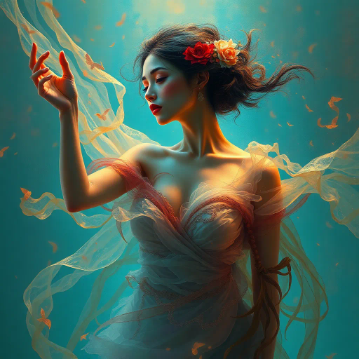 ethereal woman, renaissance lighting, dramatic contrasts, vibrant hues, delicate textures, impressionist influences, emotionally evocative, modern twist, surrealism undertones, dynamic composition, fluid movement, Baroque era inspiration, intricate details, fantastical elements, cultural richness, harmonious balance, mythical aura, expressive gesture, lively ambiance, magical realism, soft brushstrokes, timeless beauty