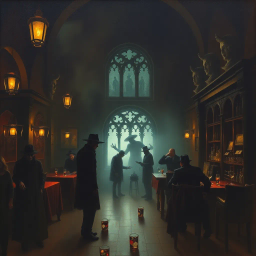 haunted tavern, eerie atmosphere, Gothic architecture, translucent specters, dim candlelight, John Atkinson Grimshaw influence, Victorian era, shadowy corners, spectral patrons, mystical glow, cobweb-laden rafters, misty ambiance, chiaroscuro contrasts, haunted past, ghostly whispers, weathered wood textures, melancholic mood, surreal distortions, evocative storytelling, vintage charm, chilling presence