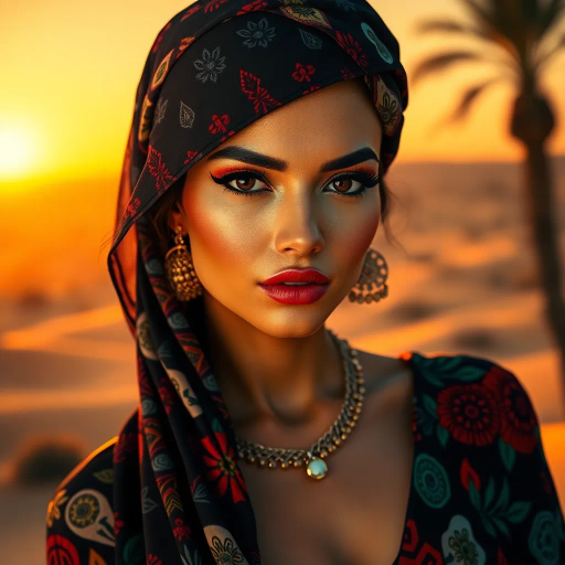 alluring Arab beauty, elegant poise, high heels, Henri Matisse and Yves Saint Laurent inspirations, modern elegance, desert oasis and professional setting, golden hour and chiaroscuro lighting, vibrant warm tones, luxurious textures, intricate and traditional Middle Eastern patterns, exotic allure, cultural richness, flowing lines, sensual movement, feminine power, refined and timeless grace, harmonious romantic ambiance, visual poetry, captivating and seductive composition, ethereal mood, desert mirage, artistic flair, expressive body language, sophisticated minimalism, textural contrast, dynamic perspective, poised demeanor, artistic serenity, contemporary realism, nuanced textures, stylish composition