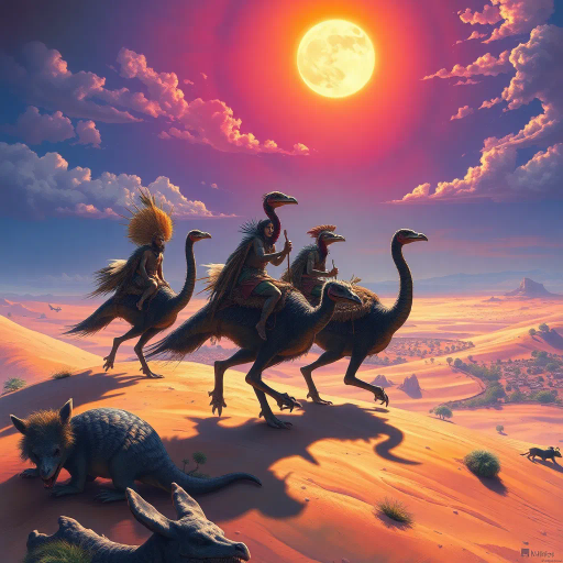 ancient warriors, clad in animal skins, riding dinosaur-like cassowaries, vivid oasis, expansive desert horizon, dynamic movement, intricate textures, vibrant colors, Jean Giraud, Maxfield Parrish, Salvador Dali surrealism, whimsical atmosphere, prehistoric landscape, epic scale, cinematic composition, dramatic lighting, ethereal glow, tribal culture, adventurous spirit, mystical aura, detailed storytelling, imaginative world-building, prehistoric flora, mythical creatures, exotic landscape, cultural symbolism, primal energy, expressive brushstrokes, dreamlike scenario, panoramic view, Frank Frazetta influences, symbolic fauna, Henri Rousseau influence, national geographic awe, time-travel themes, mystical sands, fantastical adventure, adventurous mood, untamed wilderness
