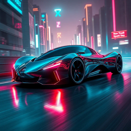 futuristic car design, sleek lines, chrome finish, vibrant neon highlights, dramatic lighting, dynamic movement, aerodynamic shape, retro-futurism, precision engineering, urban environment, concept art, high-tech materials, hyper-realistic detailing, modern aesthetics, speed and agility, metallic textures, ambient atmosphere, avant-garde composition, illuminated cityscape, art deco influences
