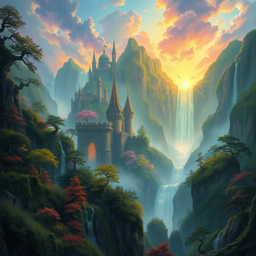 mythical landscape, epic scale, vibrant colors, enchanted forest, magical waterfalls, Arthur Rackham, J.R.R. Tolkien inspiration, ethereal glow, misty atmosphere, whimsical nature, medieval castles, enchanted creatures, surreal geometry, mystical aura, dream-like scenery, fairytale whimsy, enchanted realm, timeless beauty, storytelling elements, imaginative vistas, soft light, detailed foliage, fantasy realism, painterly textures, rich history, cultural mythology, adventure and wonder