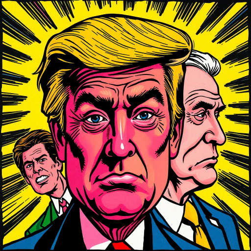 satirical caricature, exaggerated features, political symbolism, vibrant colors, pen-and-ink textures, Roy Lichtenstein influence, pop art era, humor-driven narrative, dynamic composition, bold outlines, American cultural elements, emotionally charged expressions, satirical tone, mid-20th century reference, iconic imagery, energetic line work, visual wit, comic strip aesthetics, subversive commentary, metaphorical elements, playful satire, contrasting hues, cultural critique, layered textures, symbolic gestures, abstract motifs