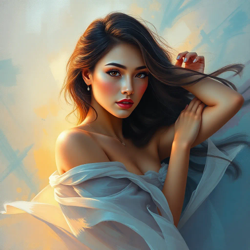 feminine beauty, elegance, sensuality, breathtaking allure, detailed curves, vivid colors, soft lighting, impressionistic brushwork, contemporary art, romanticism, flowing forms, ethereal glow, expressive poses, dynamic composition, cultural celebration, emotional depth, textured surfaces, pastel undertones, captivating gaze, delicate balance, bold contrasts, tactile expressions, intimate ambience