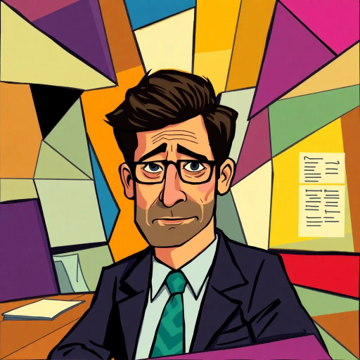 cubist representation, Michael Scott, The Office, office satire, abstract geometry, vibrant color palette, angular shapes, mid-20th century influences, humor in art, Picasso-inspired, fragmented forms, abstract expressionism, early modernism, visual comedy, bold lines, dynamic composition, workplace environment, surreal elements, postmodern satire, complex cubism