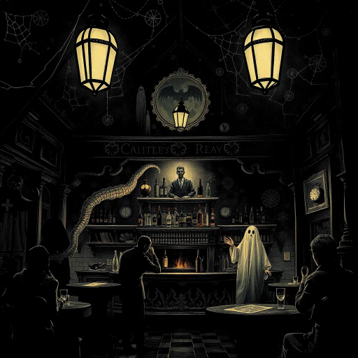 haunted tavern, eerie atmosphere, Gothic architecture, translucent specters, dim candlelight, John Atkinson Grimshaw influence, Victorian era, shadowy corners, spectral patrons, mystical glow, cobweb-laden rafters, misty ambiance, chiaroscuro contrasts, haunted past, ghostly whispers, weathered wood textures, melancholic mood, surreal distortions, evocative storytelling, vintage charm, chilling presence