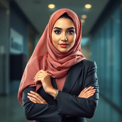 elegant Arab woman, professional attire, modern workplace, high heels, Middle Eastern influence, contemporary art style, intricate patterns, vibrant color palette, soft ambient lighting, cultural expression, dynamic posing, delicate textiles, confidence, empowerment, sophistication, grace, diverse cultural representation, cultural fusion, impressionism influences, human form depiction, balance and harmony, dynamic office environment, elegance, poise, detailed craftwork, modernism, cultural narrative, harmonious composition, vibrant textures