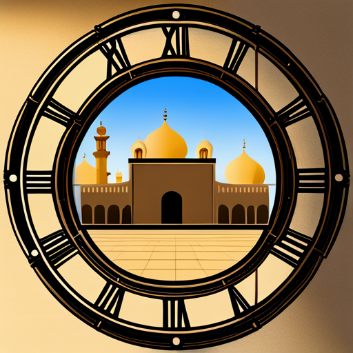 symbolic masjid, rounded border, border shadow, clock, 04:10, caption, 7 minutes walking distance