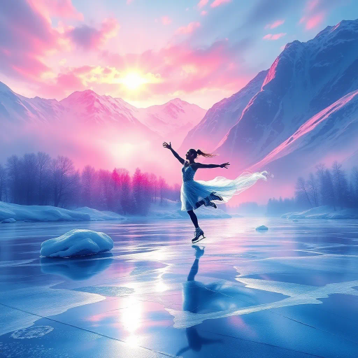 winter landscape, graceful skater, Olympic competition, dynamic motion, surreal elegance, glistening ice, dramatic lighting, vibrant colors, fluid movement, delicate balance, modern artistry, celebratory atmosphere, sportsmanship, international influence, precise technique, Alexander Calder inspiration, futuristic design, cold palette, geometric patterns, sweeping lines, epic scale, abstract realism, vivid textures, harmonious composition