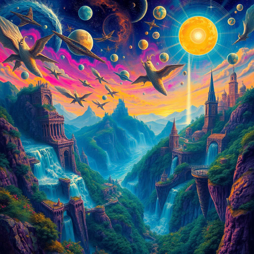 surreal landscape, futuristic cityscape, ethereal glow, vibrant color palette, Salvador Dalí influence, dream-like imagery, intricate details, cascading waterfalls, luminous skies, mythical creatures, otherworldly architecture, dynamic movement, cosmic energy, enchanting forest, mystical ambiance, juxtaposition of elements, imaginative realms, whimsy and wonder, sweeping vistas, fluid forms, elaborate patterns, celestial bodies, vibrant contrast, expansive spaces, psychedelic inspiration, vast valleys, towering peaks, lush forests, 20th century, fantasy realms, whimsical, imaginative, flowing lines, golden hues, emerald greens, mystical vibes, magical essence, elaborate storytelling, epic scale, captivating scenes, cultural mythos, mythical legends, atmospheric depth, poetic visuals, creative exploration, otherworldly charm, enchanted atmosphere