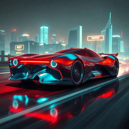 futuristic car design, sleek lines, chrome finish, vibrant neon highlights, dramatic lighting, dynamic movement, aerodynamic shape, retro-futurism, precision engineering, urban environment, concept art, high-tech materials, hyper-realistic detailing, modern aesthetics, speed and agility, metallic textures, ambient atmosphere, avant-garde composition, illuminated cityscape, art deco influences