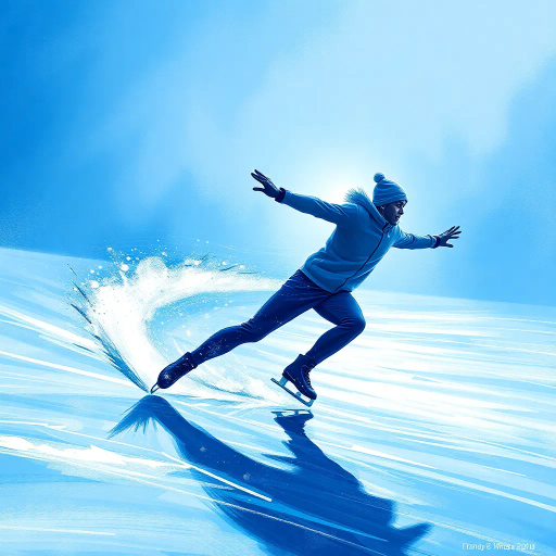 elegance in motion, winter skater, olympic spirit, crystalline ice, dynamic fluidity, ethereal grace, hyper-detailed, blue and silver hues, sparkling frost, dramatic lighting, Edgar Degas influence, elegant choreography, sportsmanship, athletic poise, icy textures, frozen landscape, sweeping panoramas, high speed motion, intricate costumes, reflective surfaces, celebratory atmosphere, geometric patterns, seamless flow, cultural celebration, human form, sleek lines, emotive expressions, giant scale, grand spectacle, movement in silence, abstract impressions