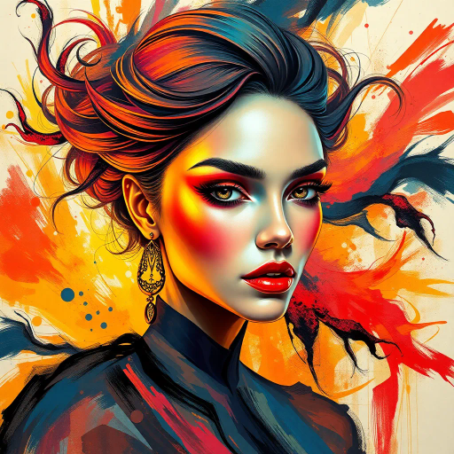 vibrant expression, modern elegance, visual harmony, surreal beauty, intricate details, dynamic composition, ethereal glow, captivating allure, vibrant color palette, pop art influences, dramatic lighting, bold brushstrokes, innovative forms, emotive presence, enchanting gaze, contemporary fashion, empowering aura, sensuous curves, high contrast, artistic dynamism, cultural fusion, stylish representation, fluid movement, expressive textures, visual poetry, timeless essence