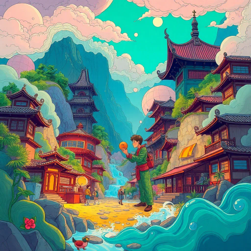 vibrant colors, dynamic composition, Studio Ghibli inspiration, detailed environments, expressive character designs, emotional depth, fantastical themes, cultural motifs, fluid motion, nostalgic atmosphere, distinctive line art, otherworldly settings, intricate detailing, magical realism, retro-futuristic elements, storytelling focus, character-driven narrative, visual storytelling, imaginative landscapes, enchanting creatures