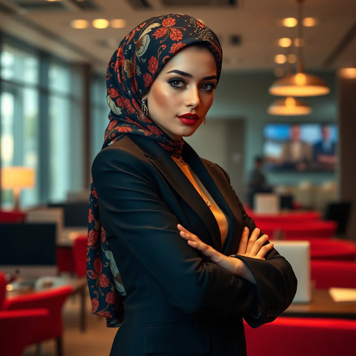 elegant Arab woman, contemporary fashion, hijab, professional attire, modern workplace, high heels, Middle Eastern influence, vibrant colors, soft ambient lighting, dynamic posing, cultural expression, delicate textiles, confident and empowering presence, sophisticated grace, diverse cultural representation, fusion of modern and traditional elements, cultural fusion, empowerment and poise, Impressionism influences, Gustav Klimt inspiration, Art Nouveau elegance, intricate patterns, intricate detailing, vibrant color palette, symbolic attire, office environment, balance and harmony, dynamic composition, surreal lighting, cultural narrative, refined textures, bold symbolism, artistic influences, multicultural dialogue, striking balance, expressive realism, innovative representation, unique fashion, delicate balance, harmonious color palette