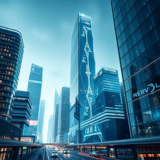 futuristic skyline, glass skyscrapers, dynamic lighting, modern design, asymmetrical composition, sleek materials, steel and chrome, bustling atmosphere, urban environment, Vogel perspective, neon accents, industrial influence, high-tech innovation, energetic movement, business chic, cityscape, contemporary architecture, efficiency and power, blue and silver color palette, minimalistic approach, city life, Antonio Sant'Elia inspirations, smooth lines, integrated technology, ambition and progress