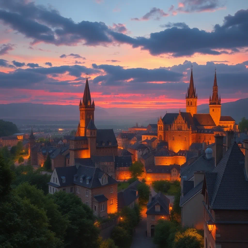 medieval cityscape, glowing twilight, perched on hilltop, vibrant colors, Claude Lorrain influence, golden hour lighting, ethereal atmosphere, lush landscapes, towering spires, intricate architecture, cobblestone streets, panoramic views, sweeping vistas, rich texture, romanticism, detailed engravings, enchanting aura, timeless beauty, serene ambiance, historical roots, narrative storytelling, mystical realm, elevated perspective, imaginative vision, dreamlike setting, magical realism, atmospheric haze, visual poetry, harmonious balance, artistic expression, visionary landscape, fantasy essence, enchanting visuals, Claude Monet inspiration, Baroque influence, tapestry of color, luminous glow, enchanting spell, whimsical charm, historical narrative, romantic era, pastel hues, soft shadows