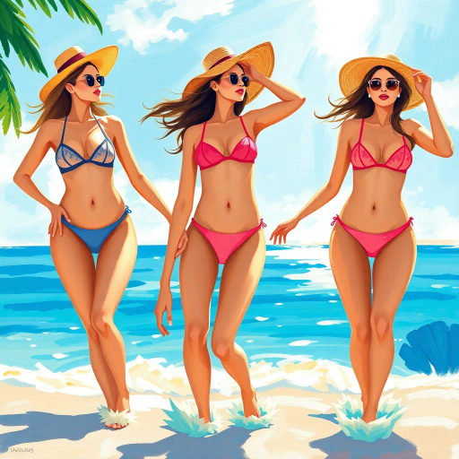 elegant ladies, bikinis, vibrant tropical scene, impressionism, soft brushstrokes, contemporary summer fashion, Henri Matisse influences, vivid colors, azure blue, coral pink, radiant sunshine, carefree mood, dynamic composition, fluid movement, artistic expression, diverse body types, ocean backdrop, playful atmosphere, multicultural influences, high contrast, light and shadow play, breezy textures, beachside elegance, panoramic view, leisure lifestyle, 21st-century visual storytelling