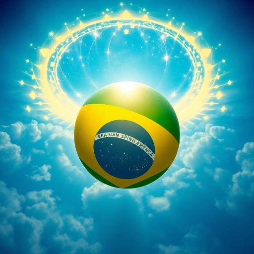 vivid colors, national symbol, Brazil, celestial sphere, infinite sky, tropical vibrancy, geometric symmetry, modernist influence, bold lines, emerald green, golden yellow, azure blue, luminescent glow, cultural pride, dynamic composition, contemporary elements, rhythmic energy, abstract representation, South American essence, harmonious balance, global unity, festive spirit, optical illusion, expansive space, contrasting tones