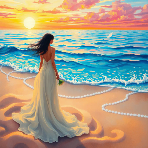 serene beach scene, ethereal light, vibrant sunrise, Claude Monet influence, gentle waves, Impressionism, warm color palette, soft brushstrokes, golden sands, timeless beauty, reflective water, gentle breeze, horizon line, tranquil mood, relaxed expression, flowing garments, intricate details, playful shadows, natural beauty, calm ocean, distant cliffs, artistry of nature, morning glow, sun-drenched, peaceful atmosphere, female figures, harmonious composition, visual poetry, artistic elegance, serene landscape, open sky, mood of contemplation, touch of mystery, dynamic forms, visual harmony