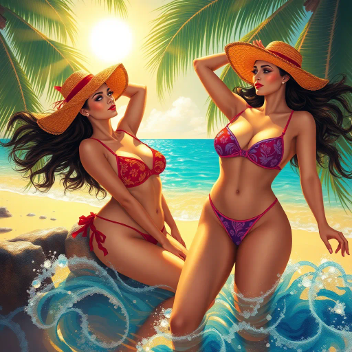 elegant ladies, vibrant bikinis, sunlit beaches, surreal lighting, impressionist techniques, flowing forms, saturated colors, dynamic compositions, Gustav Klimt, tropical ambiance, summer essence, playful and carefree mood, vibrant energy, contemporary flair, oceanic hues, shimmering textures, warm radiance, intricate patterns, modernistic approach, artistic femininity, fluid movement, dreamlike setting, bold contrasts, joyful expression, exotic influences, fashion illustration, max detail, symmetric balance