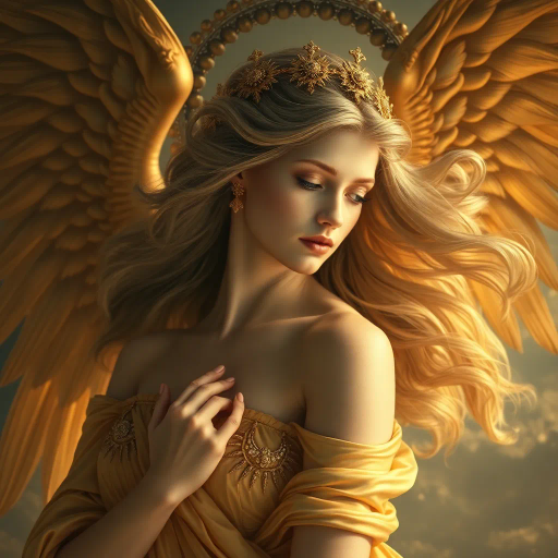 mythical goddess, ethereal beauty, Baroque influence, dynamic composition, vivid golds, soft skin textures, romantic lighting, divine femininity, voluptuous forms, opulent garments, surreal landscapes, luminescent aura, celestial themes, hyper-realistic details, delicate contrasts, elegant poise, Michelangelo inspiration, flowing hair, Renaissance echoes, emotional depth