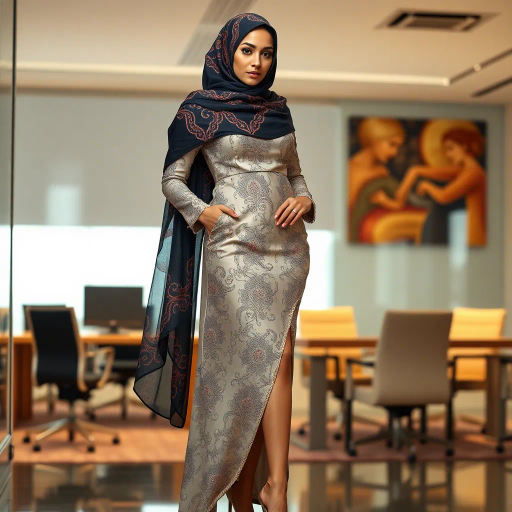 Arab woman, elegant hijab, professional setting, modern workplace, high heels, Middle Eastern culture, contemporary art, intricate patterns, vibrant colors, soft lighting, dynamic pose, cultural expression, delicate fabrics, office environment, confident demeanor, sophisticated fashion, grace and poise, diverse representation, cultural fusion, empowerment, modernism, Impressionism influences, human form, balance and harmony, Henri Matisse, modern elegance, intricate textile patterns, vibrant aesthetic, global influence, artistic expression, dignity and strength, atmospheric composition, elegant lines, harmonious palette, seamless integration, modern artistry