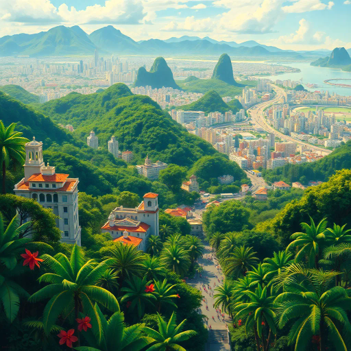 vibrant rainforest, sprawling cityscapes, Rio Carnival celebration, modernist architecture, Tarsila do Amaral, tropical paradise, lush landscapes, Samba rhythm, vivid color palettes, dynamic movement, cultural fusion, vibrant street art, warm sunlight, Copacabana beach, panoramic views, rich biodiversity, Botero-inspired figures, expressive brushstrokes, Amazon River, intricate textures, joyous atmosphere, cultural heritage, Henri Rousseau influence, energetic composition