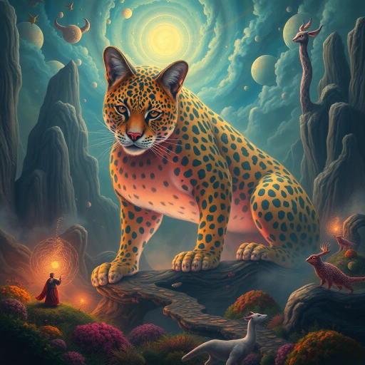 enormous feline, majestic presence, surreal landscape, ethereal lighting, vivid colors, intricate patterns, whimsical elements, dreamlike aura, Salvador Dalí influence, fluid movement, otherworldly textures, mythical symbolism, expansive scale, vibrant foliage, mysterious atmosphere, mystical realm, enchanting narrative, imaginative storytelling, fantastical creatures, luminous glow