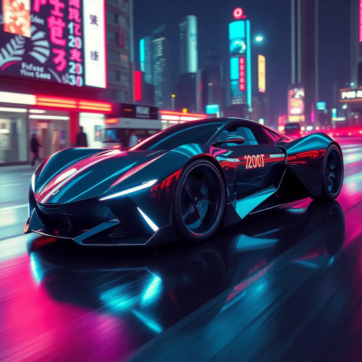 futuristic car design, sleek lines, chrome finish, vibrant neon highlights, dramatic lighting, dynamic movement, aerodynamic shape, retro-futurism, precision engineering, urban environment, concept art, high-tech materials, hyper-realistic detailing, modern aesthetics, speed and agility, metallic textures, ambient atmosphere, avant-garde composition, illuminated cityscape, art deco influences