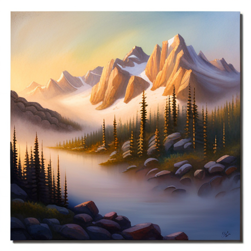 snow-capped mountains, rustic cabin, serene atmosphere, dramatic lighting, natural landscape, remote location, textured tree branches, earthy tones, sweeping vista, peaceful wilderness, distant horizon, immersive experience, chilly air, cozy warmth, tranquil ambiance, escape from civilization, layered composition, impressionistic strokes, misty fog, peaceful solitude