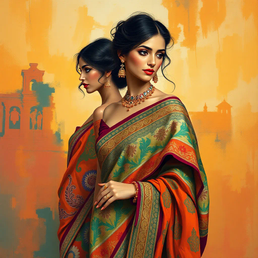 elegant women, traditional attire, saree, refined beauty, luxurious fabrics, intricate patterns, vibrant colors, Indian culture, classic elegance, sophisticated mood, graceful movement, artistic photography, soft lighting, cultural richness, detailed embroidery, timeless fashion, portrait composition, artistic realism, romantic ambiance, feminine grace, Ritu Kumar influence, intricate textures, regal presence, contemporary elegance, traditional influences