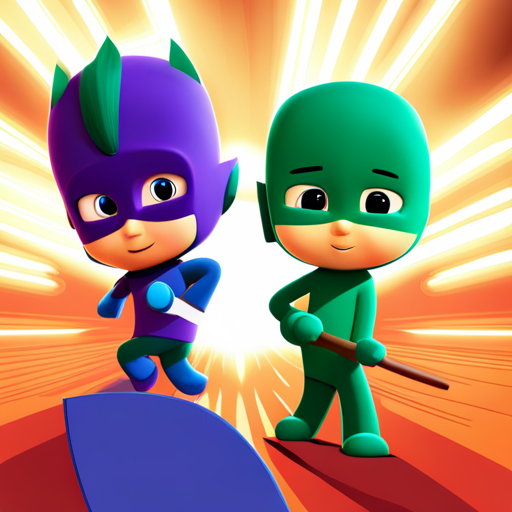 pjmask, cartoon characters, animated, vibrant colors, energetic, action-packed, superhero, children's show, animated series, 3D animation, adventure, teamwork, masks, mystery, young heroes, nighttime, dynamic poses, dynamic composition, anime