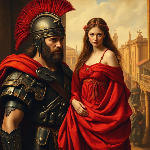 ancient Rome, Sack of Rome 410 CE, Visigothic warrior, Roman lady, dramatic tension, historical narrative, epic composition, chiaroscuro lighting, rich textures, vivid colors, romanticism, classicism, dramatic movement, cultural clash, historical saga, detailed armor, flowing Roman robes, emotional intensity, symbolic imagery, layered composition, heroic scale, classical architecture backdrop, dynamic interactions, historical realism, artistic storytelling, power and grace, clash of civilizations, evocative mood, intricate detailing, timeless conflict, artistic depth, dramatic contrast