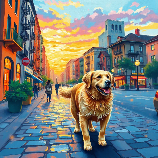 golden retriever, strolling peacefully, along a cobblestone path, Claude Monet influences, ethereal lighting, vibrant hues, rich textures, dynamic movement, pastoral scenery, Impressionist brushstrokes, warm sunset glow, emotional serenity, playful elegance, lush greenery, narrative composition, naturalistic detail, charming village, Timeless elegance, Edward Hopper's narrative style, vivid storytelling