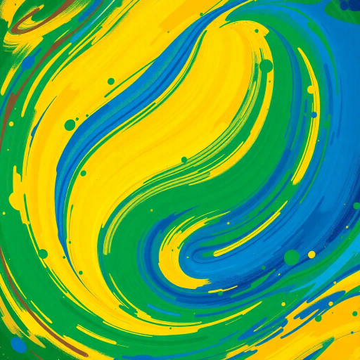 vibrant Brazilian flag, swirling colors, dynamic movement, tropical influences, modern digital techniques, vivid greens, deep yellows, royal blues, abstract expressionism, colorful splashes, textured layering, cultural richness, iconic symbolism, national pride, rhythmic patterns, energetic composition, oval forms, contemporary interpretation, lively atmosphere, digital brushstrokes, experimental canvas, immersive scale, seamless blend, harmony and unity, historical resonance, artistic celebration