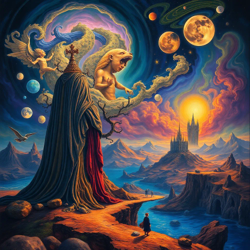 surrealism, vibrant colors, intricate details, Salvador Dali, modernism, ethereal landscapes, luminous lighting, dreamlike atmosphere, digital canvas, abstract forms, fluid motion, visual harmony, cosmic elements, imaginative composition, dynamic contrasts, fantastical creatures, layered textures, emotive expressions, transcendental vision, multi-dimensional spaces, futuristic interpretation, philosophical undertones, immersive experience