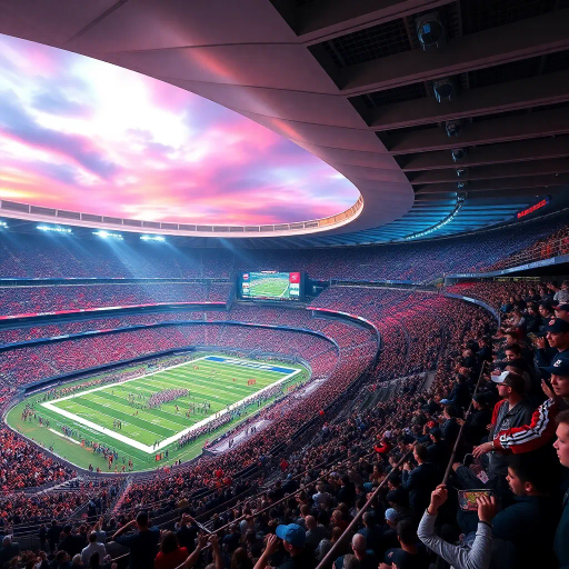 majestic, football stadium, panoramic view, vibrant energy, modern architecture, vast crowd, immersive atmosphere, dynamic lighting, vivid colors, iconic sports venue, dramatic sky, high-detailed textures, lively movement, cultural spectacle, wide-angle perspective, epic scale, contemporary design, exhilarating moment, sporting tradition, architectural grandeur