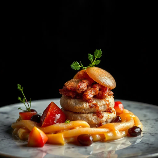 culinary artistry, vibrant colors, succulent textures, gourmet presentation, chiaroscuro lighting, rich detail, natural composition, food stylization, glossy surfaces, nuanced hues, modern aesthetic, exquisite plating, artisanal craftsmanship, gourmet indulgence, food as art, visual feast, sumptuous presentation, high contrast, culinary elegance, hyper-realistic, food photography, appetizing visual, elegant framing, contemporary still life, rich color palette, sophisticated dining experience, Michelangelo Merisi da Caravaggio influence, Vermeer lighting, meticulous surface quality, lavish composition, fine dining aesthetics, culinary textures, refined palettes, modern gastronomic trends, exquisite craftsmanship, opulent ingredients