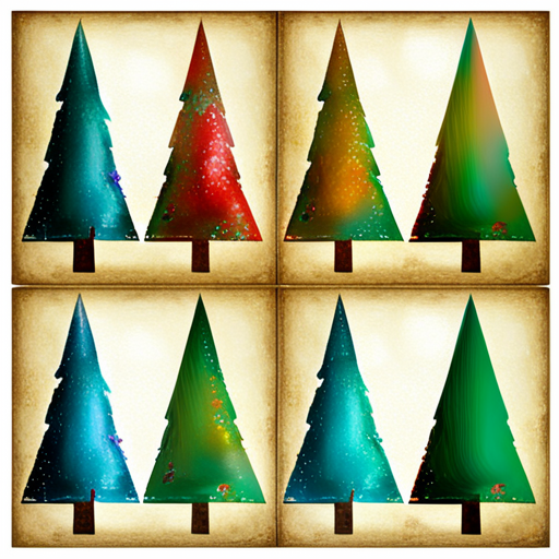 four Christmas tree, white background textured, oil vintage