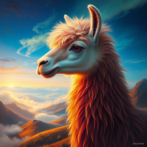 mystical llama, Salvador Dalí, surreal landscapes, vibrant colors, flowing textures, ethereal glow, fantastic realism, imaginative creativity, otherworldly ambiance, enchanted highlands, dreamlike scenery, mythical charm, dynamic composition, magical realism, cloaked in mist, detailed fur, luminous alpenglow, whimsical allure, gentle majesty, impressionistic, radiant horizon